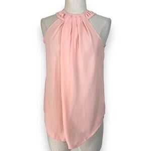 Peach pink silk halter top, New women's small sleeveless pleated ladder neck